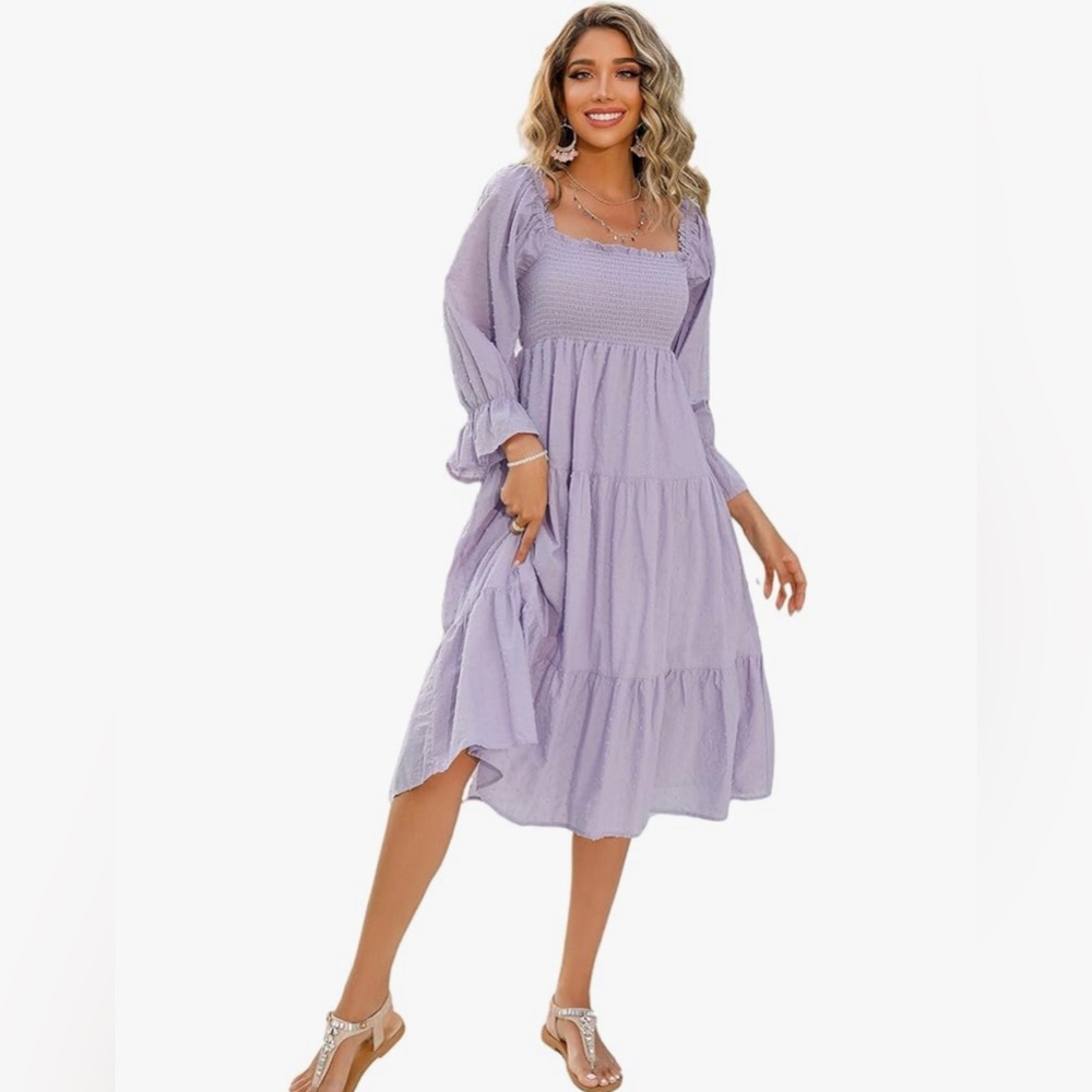 Purple Women's Puff Sleeves Bow Midi Dress Medium New With Tags